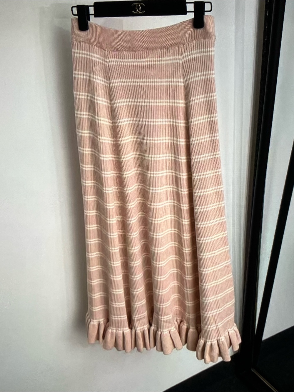 Sandro Pink and Cream Ribbed Maxi Skirt with Ruffle Hem